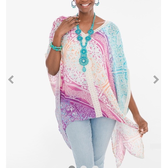 Chicos Kaleidoscope Medallion Poncho Top Crochet Metallic‎ Boho Beach Blouse S/M - Picture 1 of 9